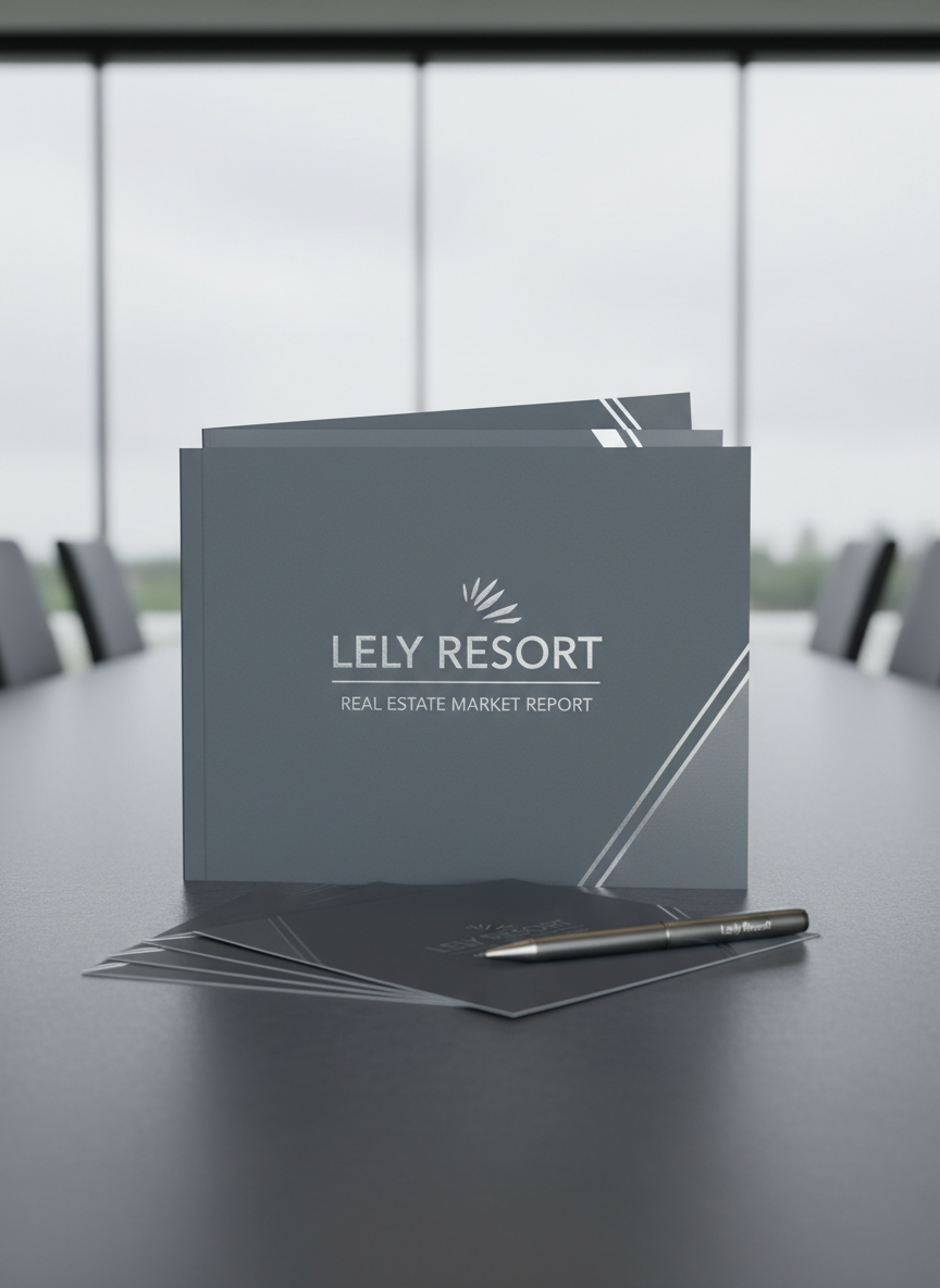 A detailed close-up of a real estate market report folder branded for Lely Resort, resting on a smooth, slate-gray conference table in a modern office setting. The folder is crafted from high-quality matte cardstock, featuring debossed silver lettering and discreet accent lines. Neatly arranged informational pamphlets and a matching metallic pen complete the ensemble. Under soft, diffused overcast lighting, the desk’s texture and folder details are subtly highlighted while minimizing harsh shadows. The image exudes clarity and expertise, with a center-weighted, eye-level composition, presenting a polished, corporate aesthetic that reinforces trust and professionalism for real estate insights.
