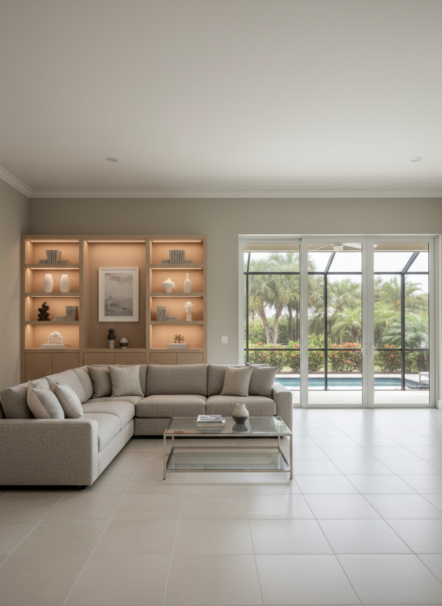 An elegant open-concept living room of a Lely Resort luxury coach home, featuring light taupe walls, smooth matte ceramic flooring, and a minimalist arrangement of neutral-toned furnishings—a taupe sectional sofa, a glass coffee table, and built-in shelving with subtle decorative accents. Large sliding glass doors open onto a screened lanai, revealing hints of lush greenery outside. Soft midday sunlight streams through the room, creating balanced highlights and gentle, barely-there shadows. The atmosphere feels calm and effortlessly sophisticated, with a structured, center-weighted composition and sharp photographic focus, underscoring the modern, corporate aesthetic suited for premium real estate marketing.