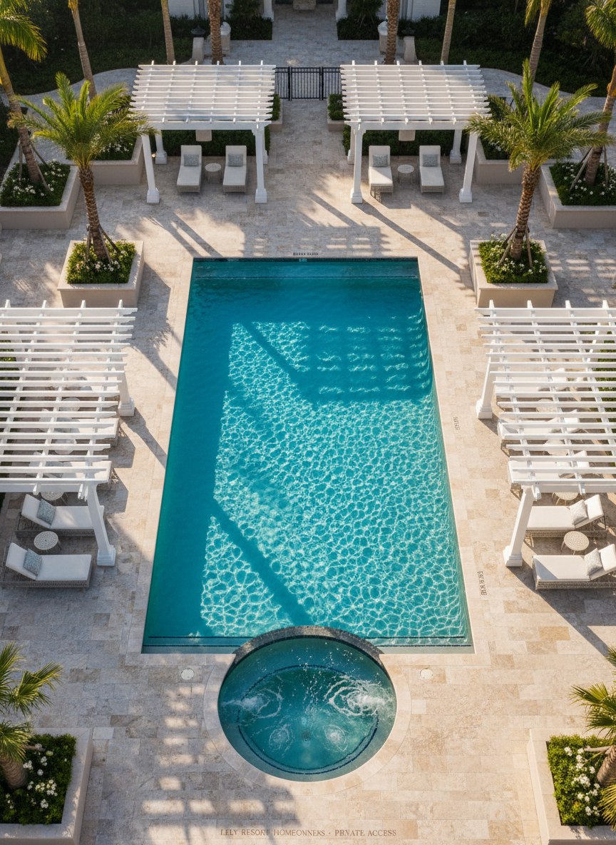 A stylish, resort-inspired pool and spa area exclusive to Lely Resort homeowners, featuring sparkling turquoise water bordered by natural stone decking in cool beige tones. Elegant lounge chairs, shaded pergolas, and simple, architectural landscaping elements provide visual structure. Surrounded by subtle tropical greenery, the entire scene is illuminated by soft, filtered late afternoon sun, creating luminous reflections on the water and gentle shade beneath pergolas. The mood is luxurious yet relaxed, with a bird’s eye composition highlighting symmetry and spatial organization, rendered in photographic realism with clean lines that complement the site’s professional and inviting appeal.