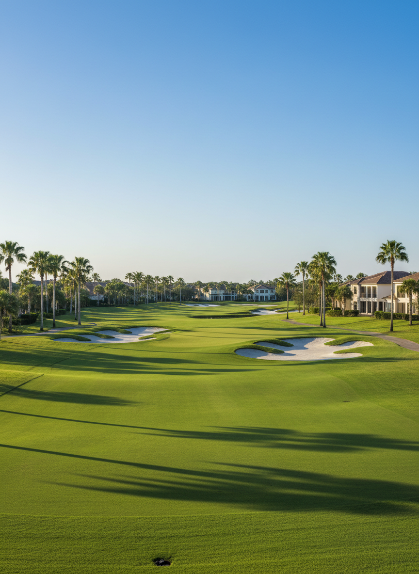 A private championship golf course within Lely Resort, featuring perfectly maintained fairways with variations of vibrant greens, bordered by low white sand bunkers and graceful palm clusters. In the distance, the structured silhouettes of luxury residences blend into the horizon. The setting is under clear blue sky and soft late-morning sunlight, producing crisp highlights on the grass and subtle shadows along the landscape's undulations. The overall feel is serene and aspirational, captured in a slightly elevated wide-angle shot for expansive depth. The clean, neutral palette and precise composition evoke a sense of order, high value, and the lifestyle focus of the site.